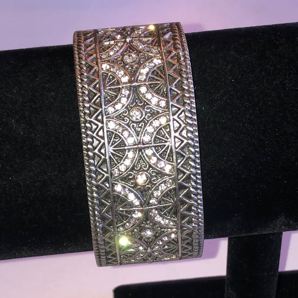 Silver Tone Filigree Crystal Boho Cuff Bracelet